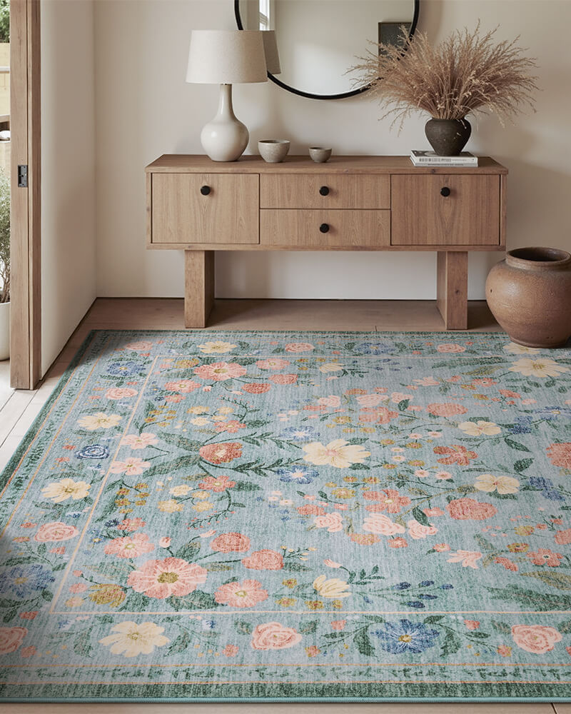 Vintage-inspired area rug crafted for practical family living