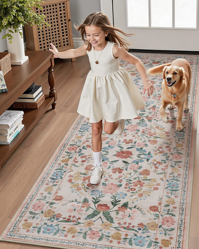 Classic Vintage Floral Rug | Machine Washable & Durable | MontVoo