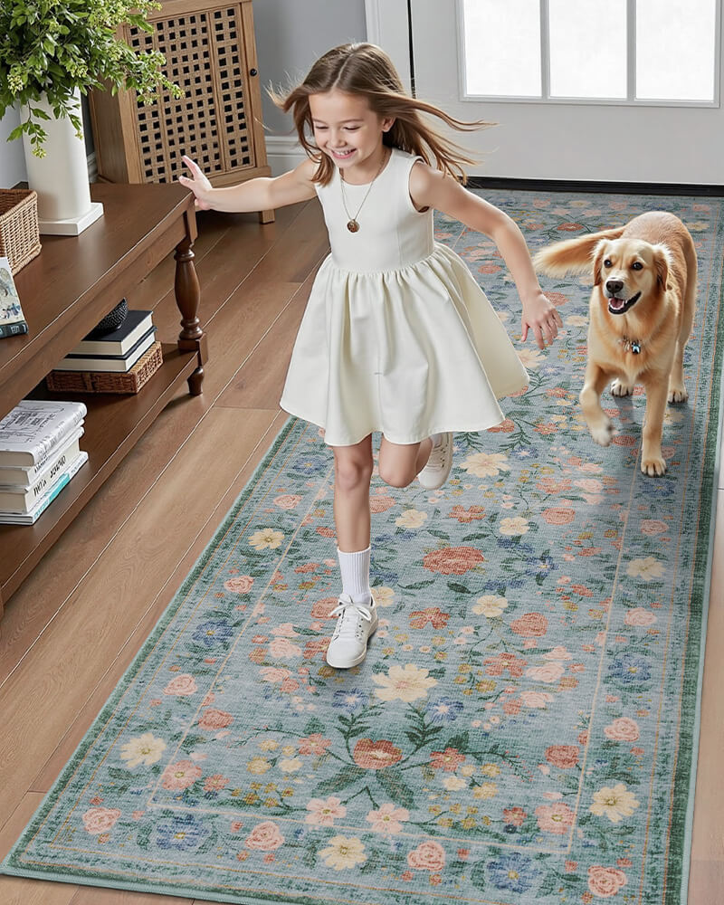 Vintage area rug designed for shared living and dining spaces