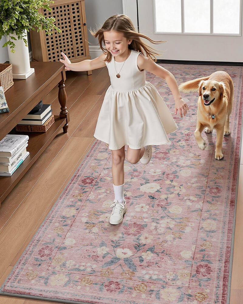 Washable vintage rug crafted for busy homes with pets and kids