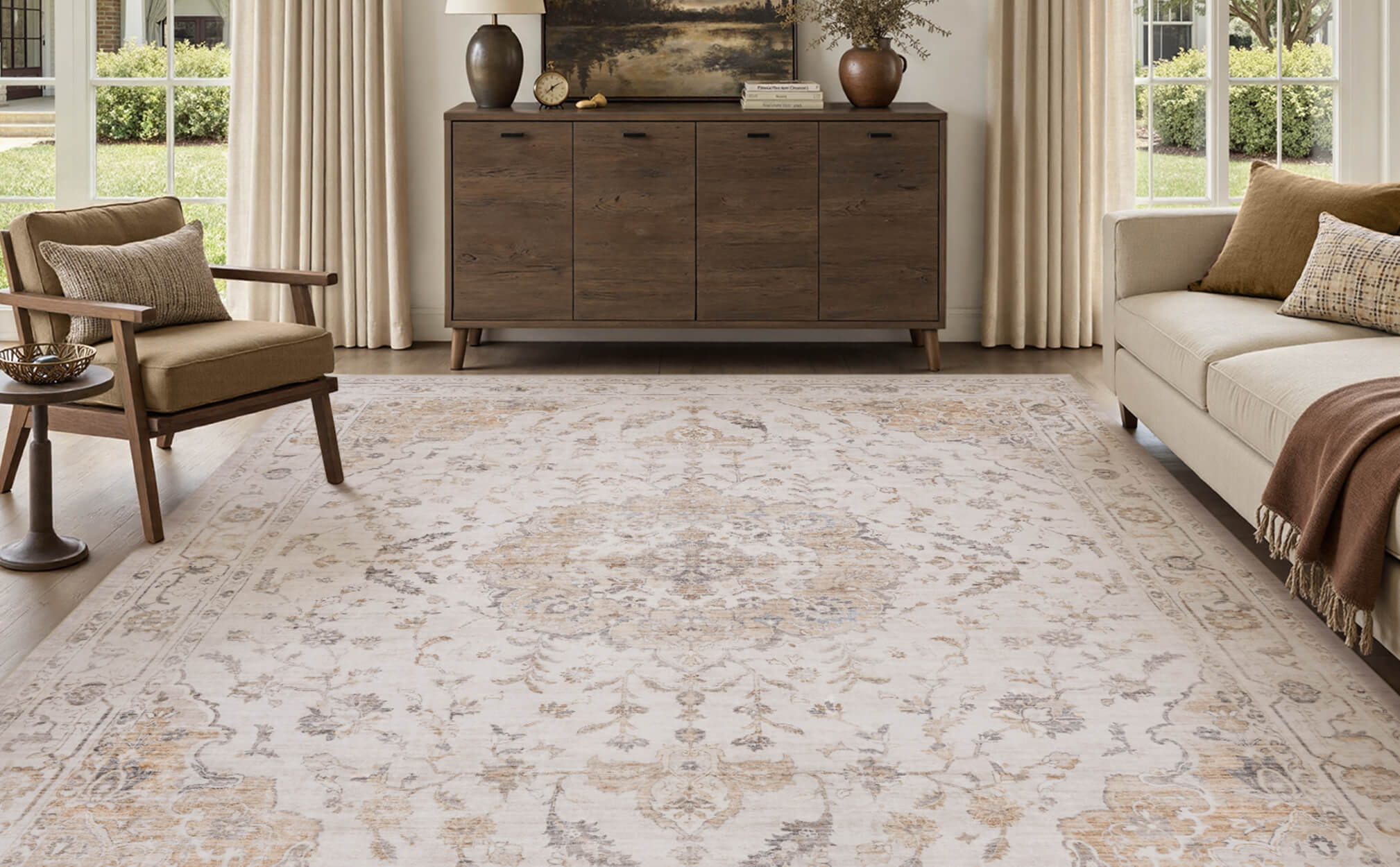 Botanical vintage non-slip rug improving safety and style indoors