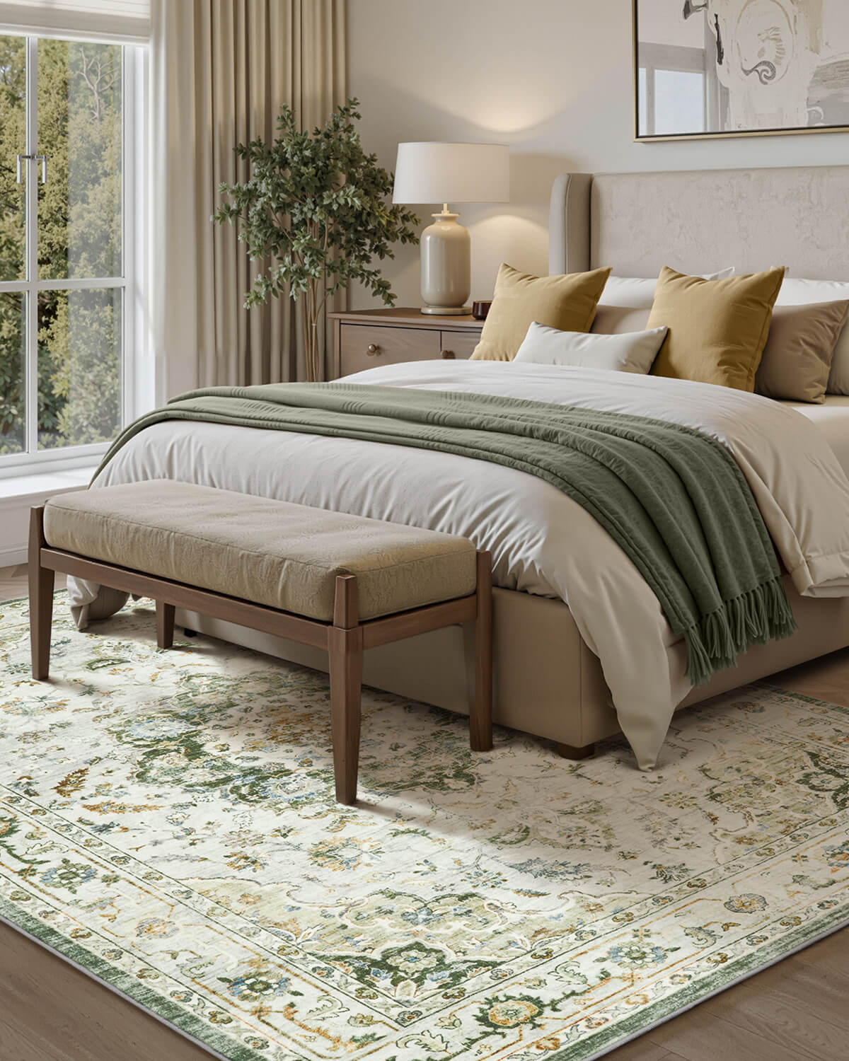 Washable floral vintage rug designed for easy cleaning and everyday durability