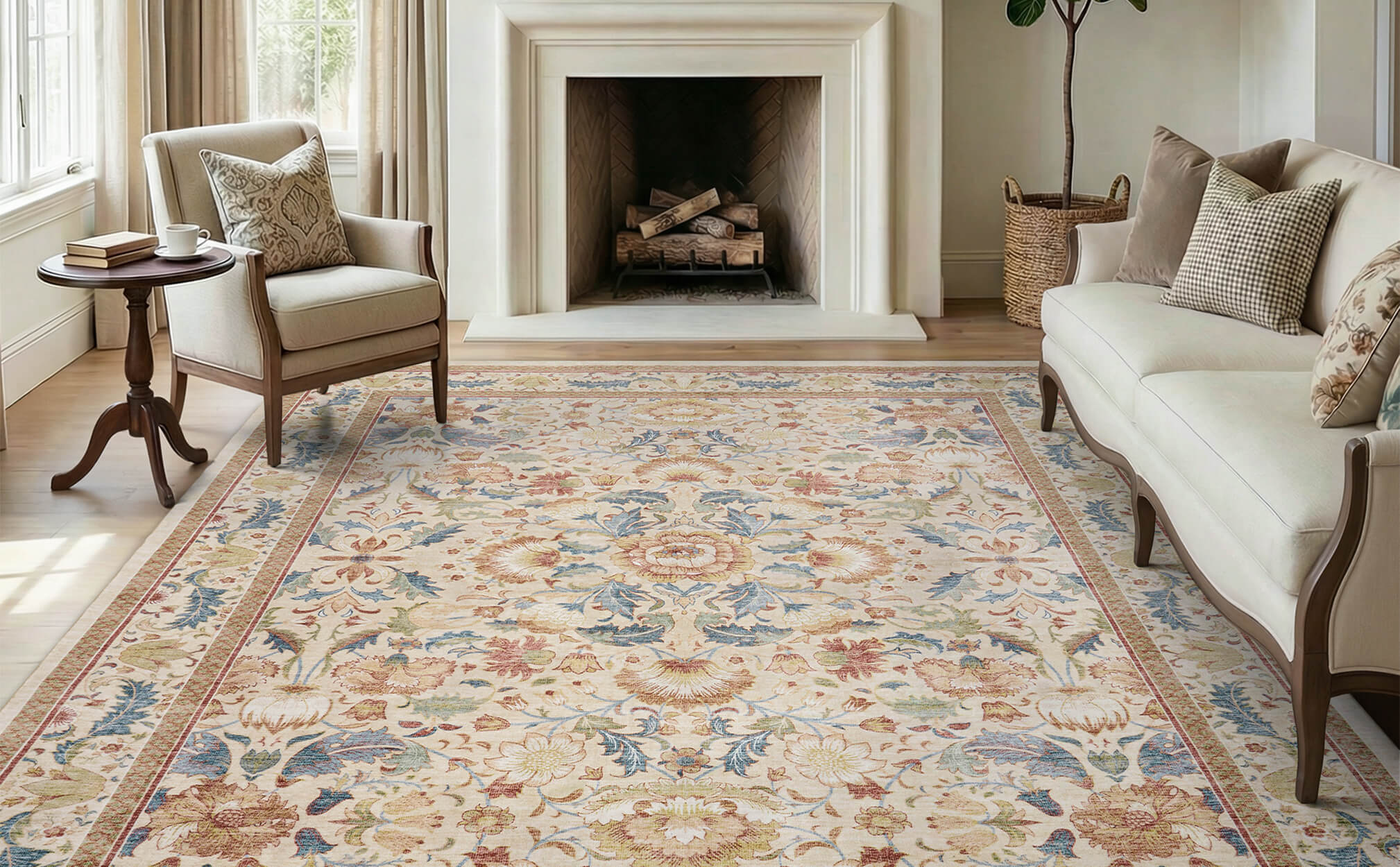 Vintage floral area rug with machine washable soft surface for family use