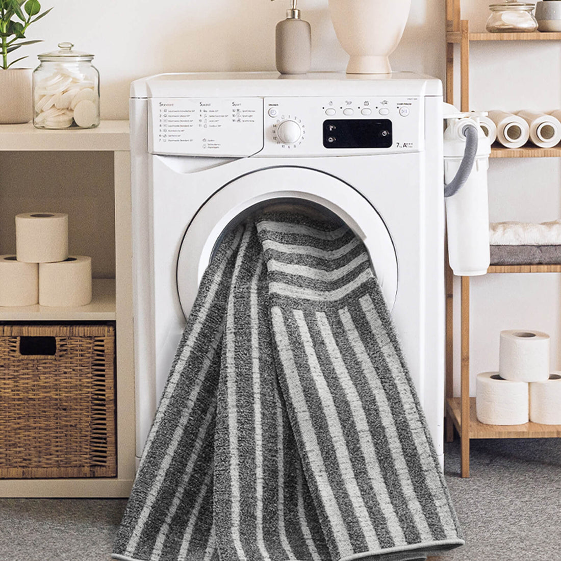 Abstract linear rug with washable durable surface suitable for high traffic areas