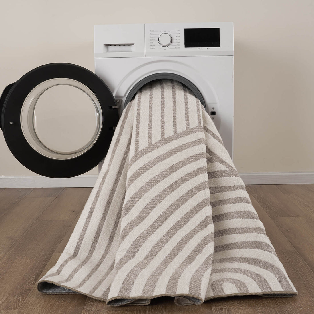 Abstract linear rug with machine washable design and durable construction for family homes