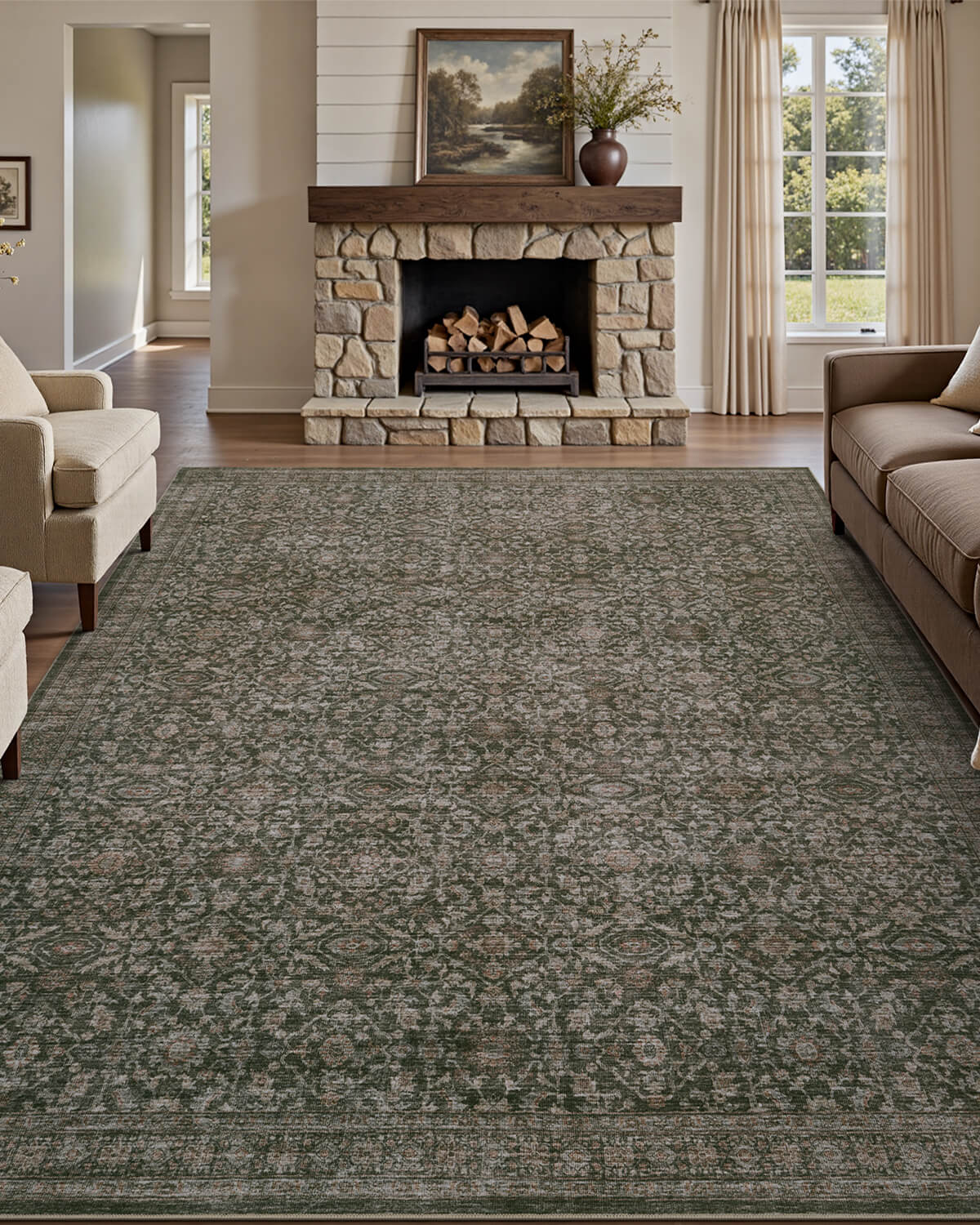 Vintage washable area rug for modern, country style of busy homes, low maintenance for pets and kids.