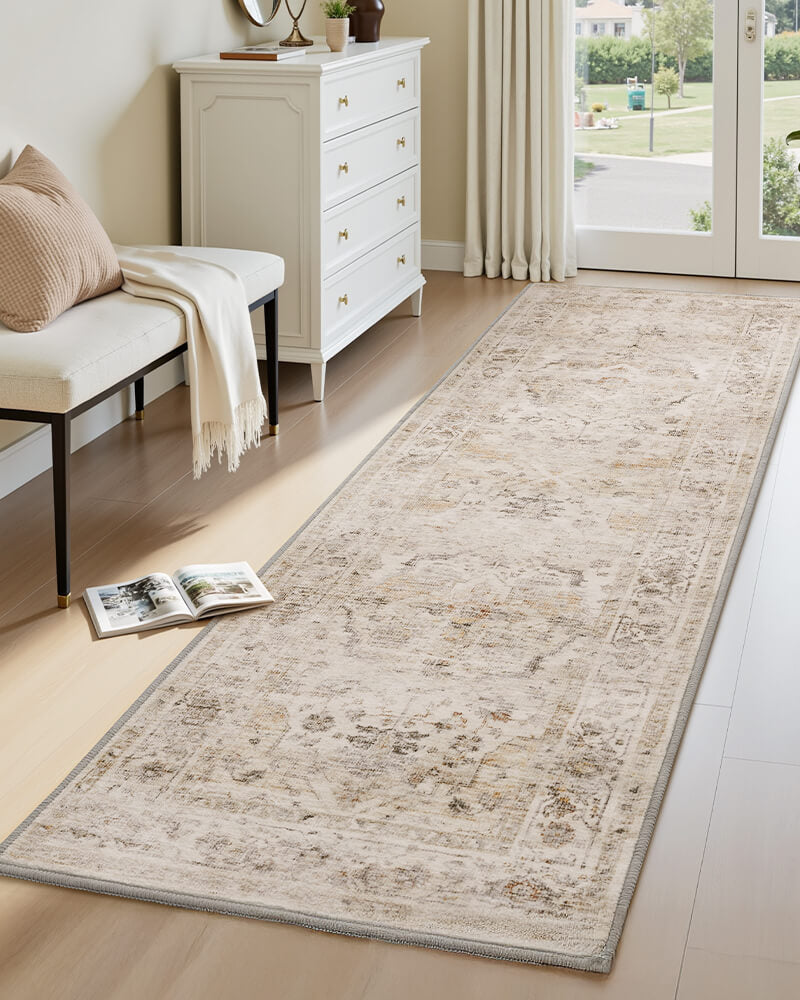 Soft fabric rug that resists shedding and is easy to clean, great for high-traffic areas.
