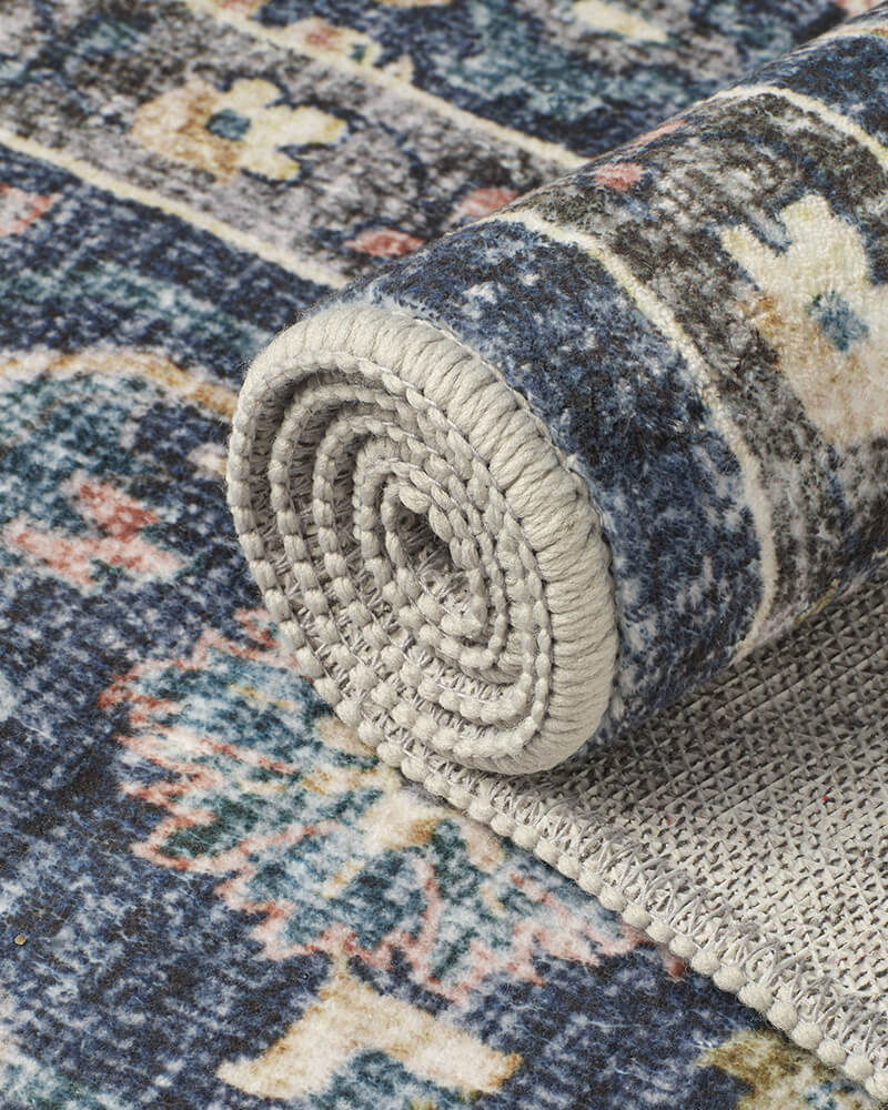 Neutral living room rug with modern vintage pattern and comfort.