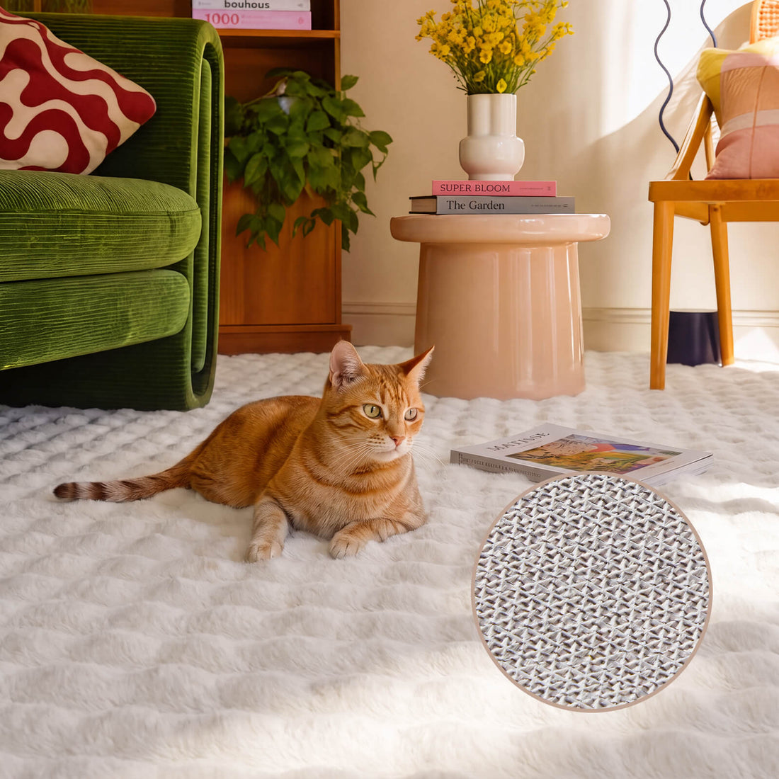 A cream Cloud Soft shag area rug creates a cozy, cat-friendly living room with its ultra-fluffy long-pile fibers, plush cloud-like checkered texture, and textured non-slip backing, offering exceptional softness and comfortable lounging beside a green velvet sofa and colorful home decor.