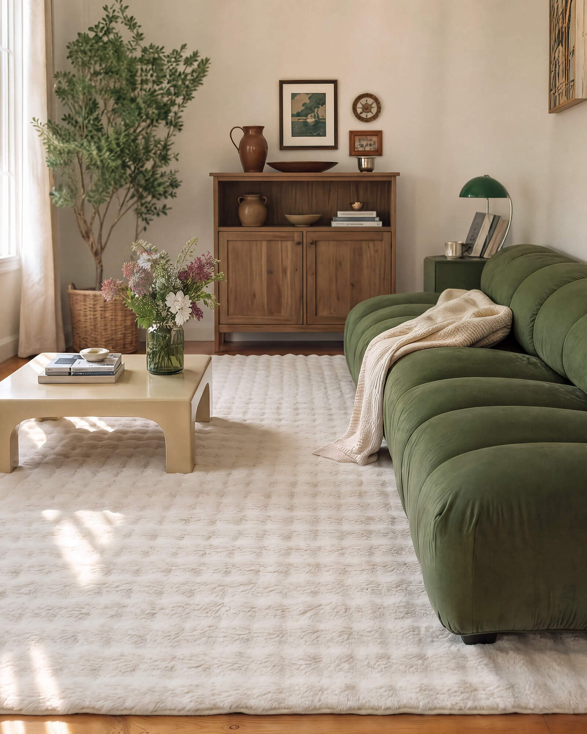 A cream Cloud Soft shag area rug brings cloud-like softness and luxurious comfort to a cozy living room with a forest green sofa, warm wood furniture, and soft natural sunlight, featuring an ultra-plush long-pile surface and subtle checkered texture for a warm, inviting space.