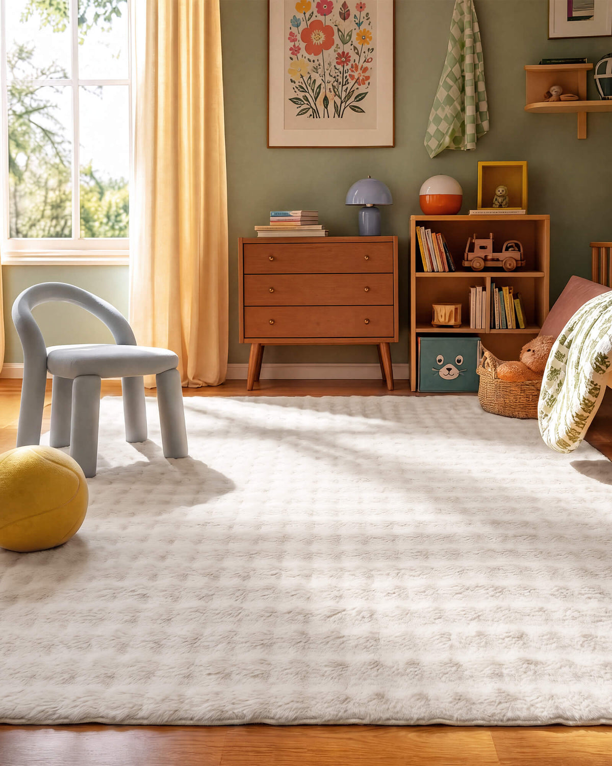 A cream Cloud Soft shag area rug creates a cozy and inviting kids' playroom with its ultra-plush long-pile fibers, cloud-like softness, and subtle checkered texture, providing a fluffy, comfortable surface for everyday play surrounded by colorful decor, wooden furniture, and warm natural sunlight.