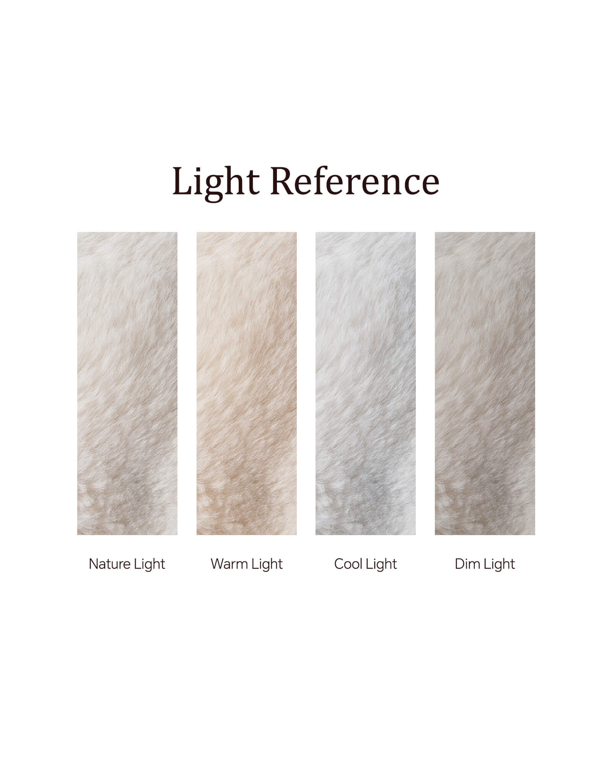 A light reference guide for a cream Cloud Soft shag area rug shows how its ultra-fluffy long-pile fibers, silky cloud-like texture, and soft cream tones appear under natural, warm, cool, and dim lighting conditions, highlighting subtle color variations and luxurious softness.