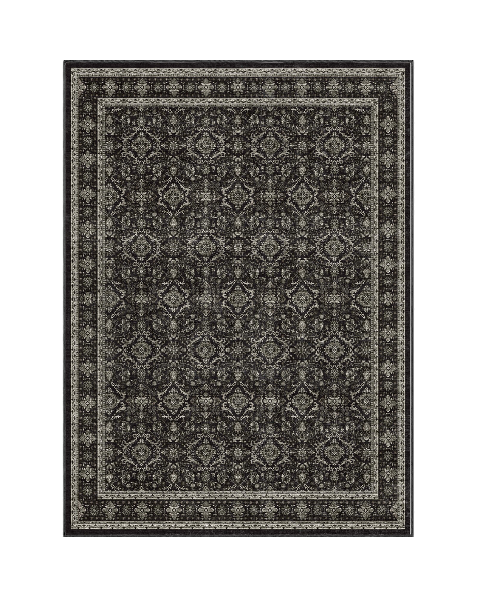 A dark charcoal vintage washable area rug features a classic medallion-inspired pattern, faded ornamental border, and soft low-pile design for elegant living rooms, bedrooms, and timeless home decor.