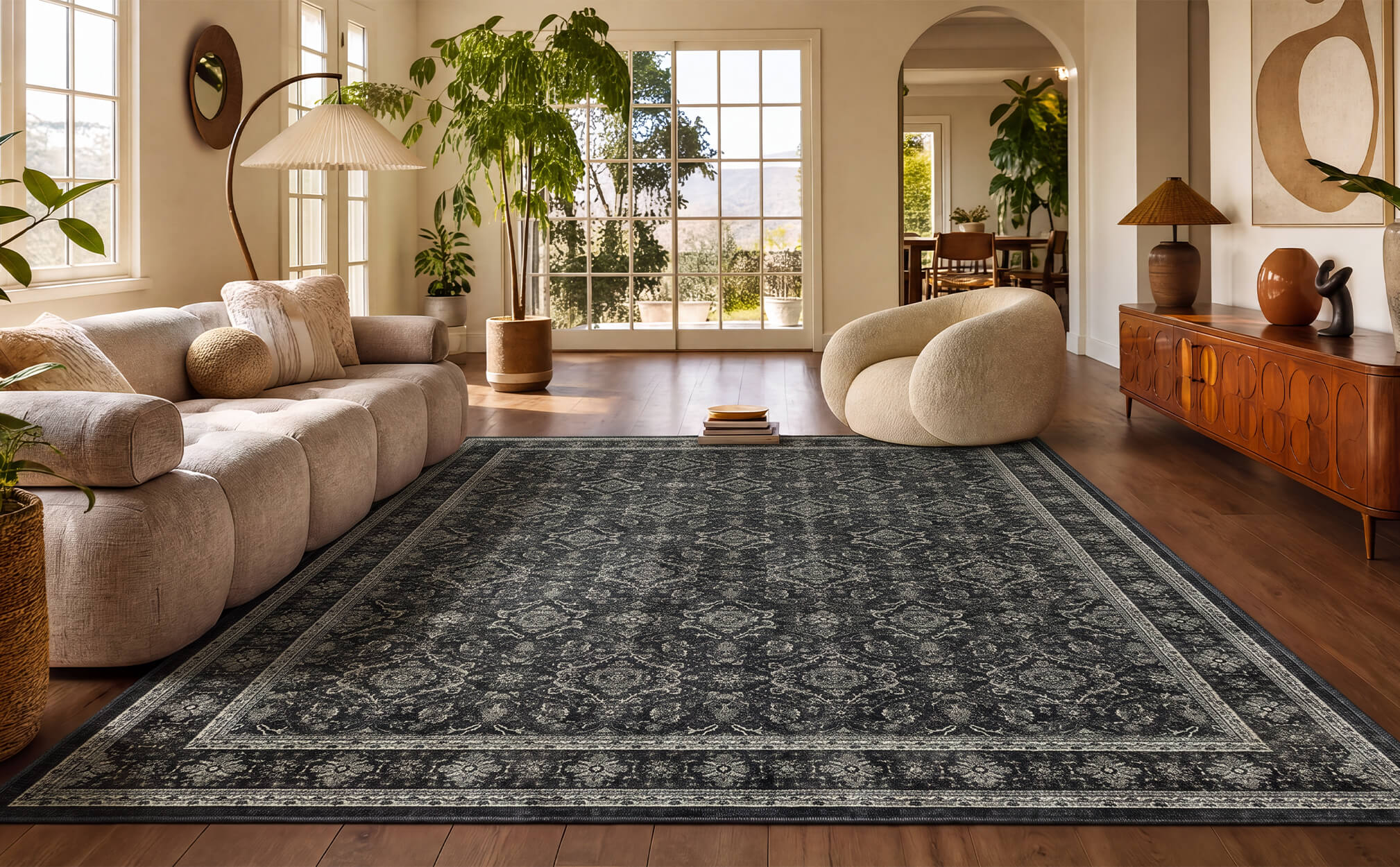 A dark charcoal vintage washable area rug with a faded ornamental border anchors a spacious boho living room with a modular sofa, warm wood floors, greenery, and natural sunlight.