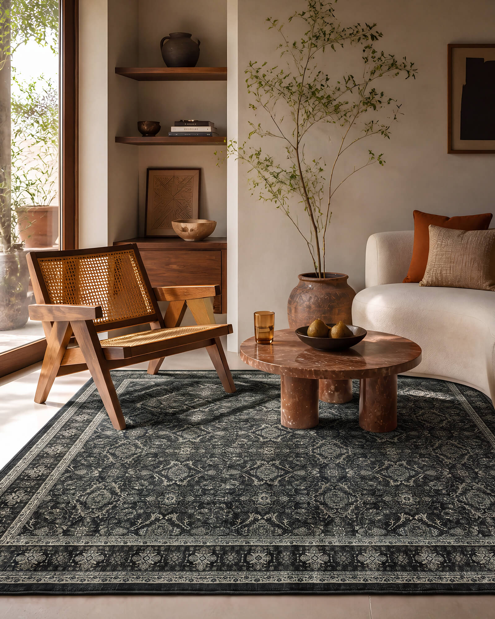 A dark charcoal vintage washable area rug with a faded medallion border pattern creates a cozy reading corner with a cane chair, round wood coffee table, warm sunlight, and earthy modern decor.