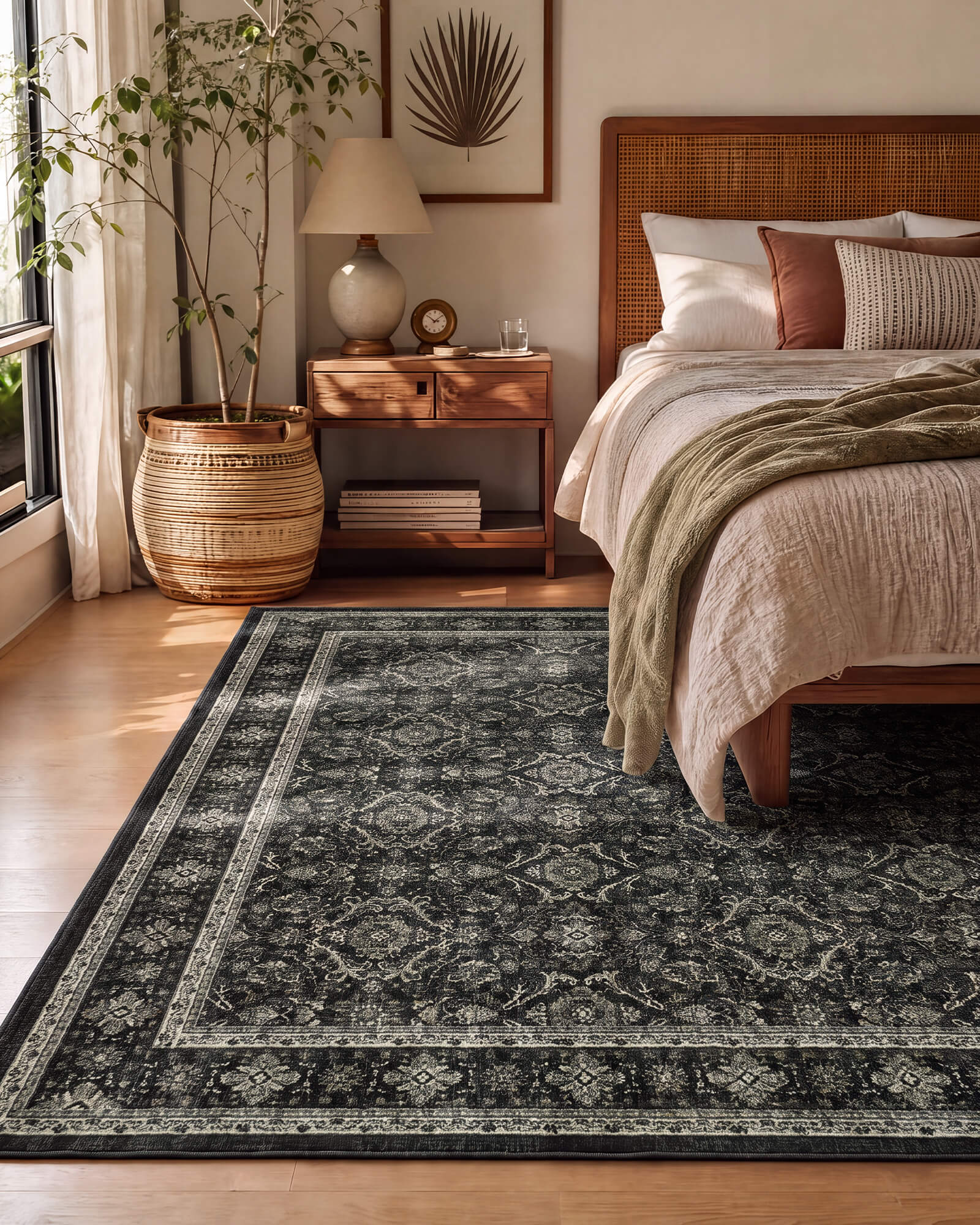 A dark charcoal vintage washable rug with a faded ornamental border pattern adds cozy depth to a bedroom with a rattan headboard, warm wood furniture, woven accents, and natural sunlight.