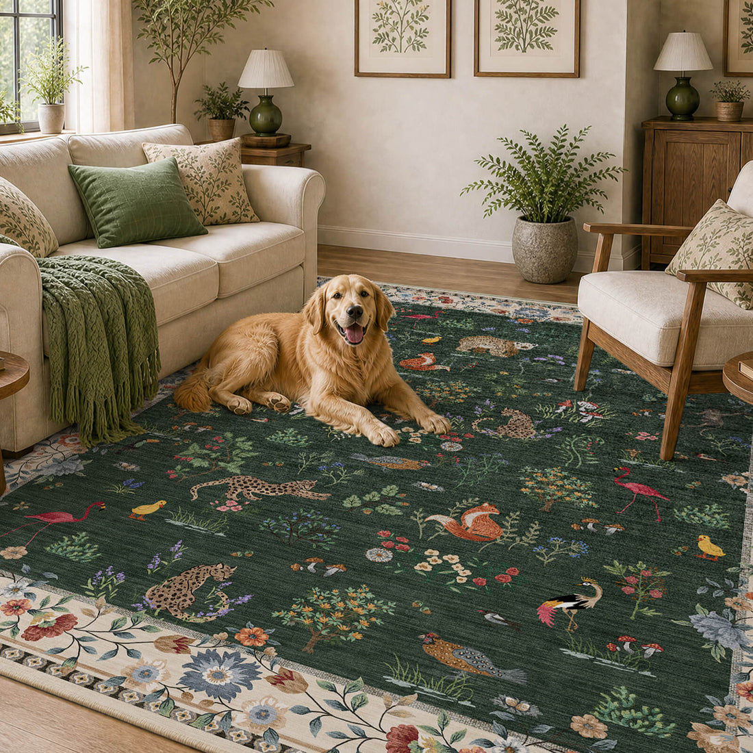 A dark green soft kids area rug with cute forest animals, birds, flamingos, mushrooms, and floral border details creates a cozy dog friendly living room space with gentle comfort and playful child-friendly style.