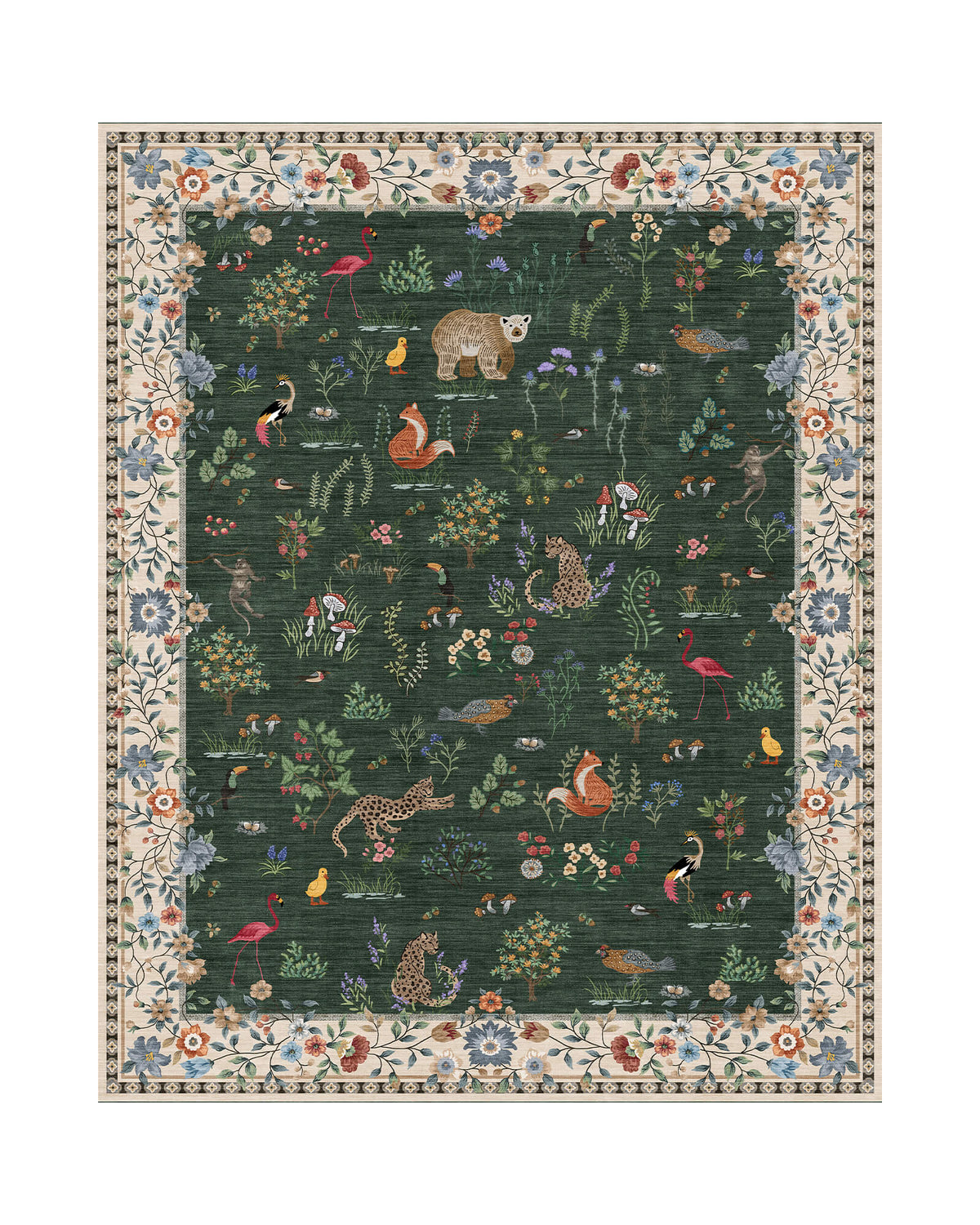 A dark green soft kids area rug features cute forest animals, flamingos, birds, mushrooms, and a decorative floral border, creating a cozy and playful surface for nurseries, playrooms, and children’s bedrooms.