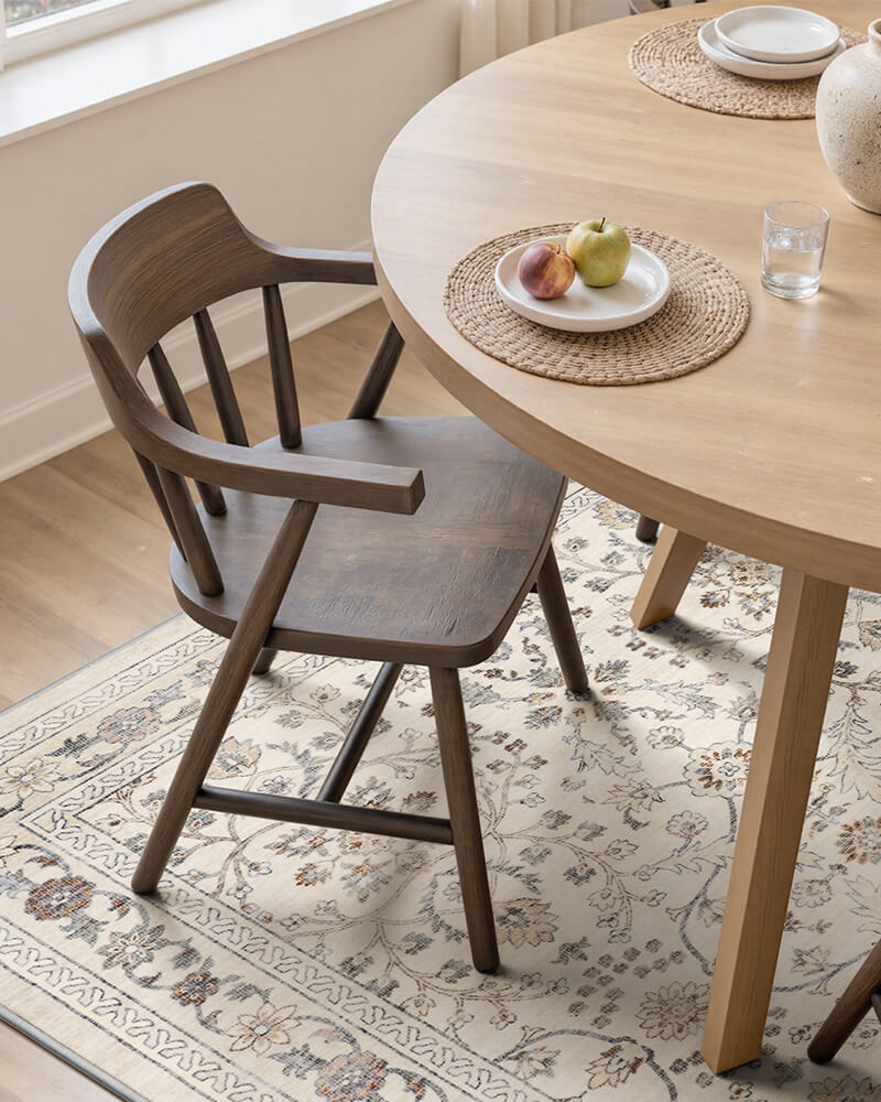 Washable vintage area rug ideal for guest-friendly home interiors, soft underfoot fabric.