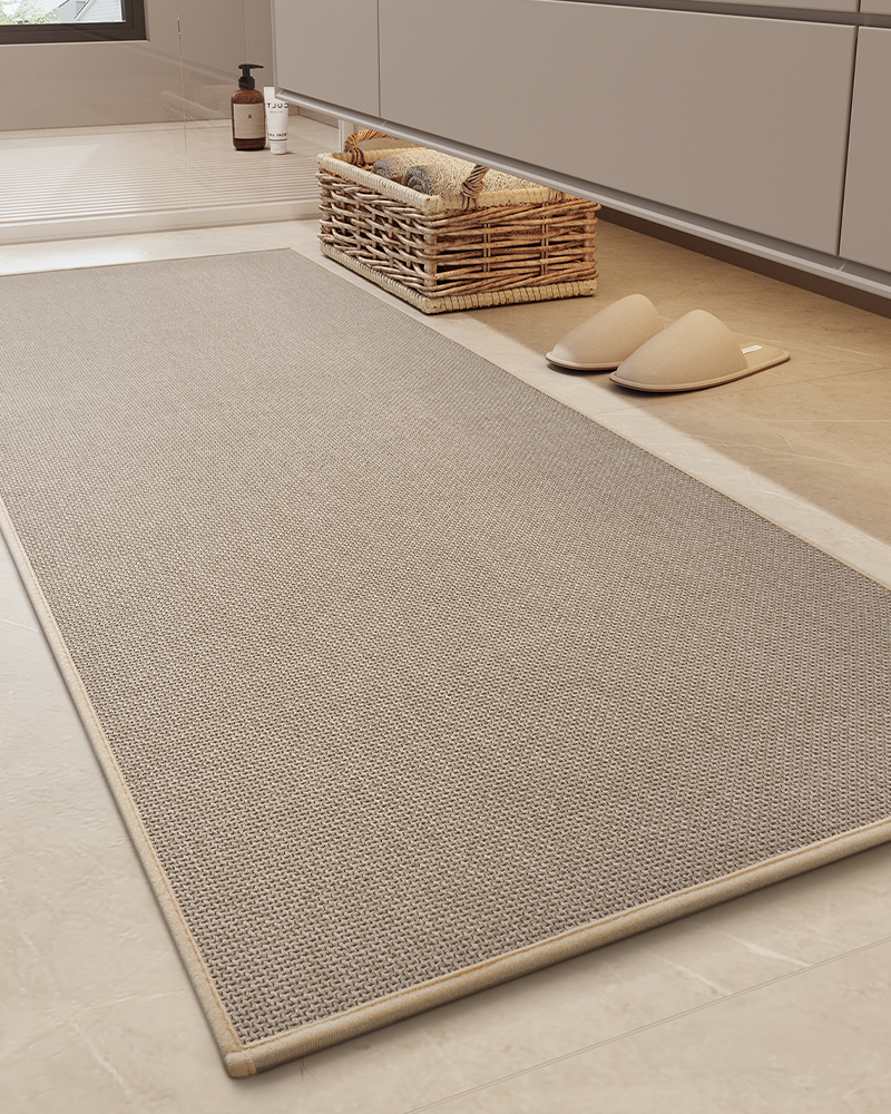 Door friendly bath mat with rubber backing that stays securely in place on wet floors