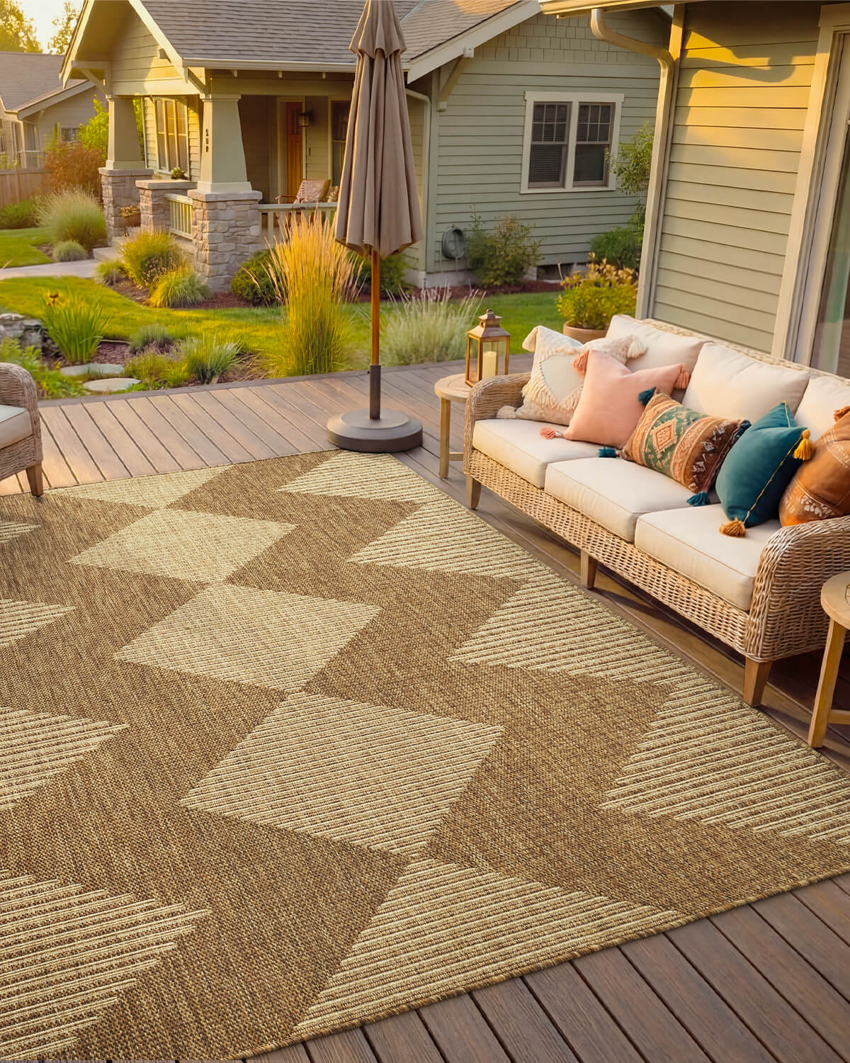 Textured indoor outdoor rug designed for modern outdoor living and comfort