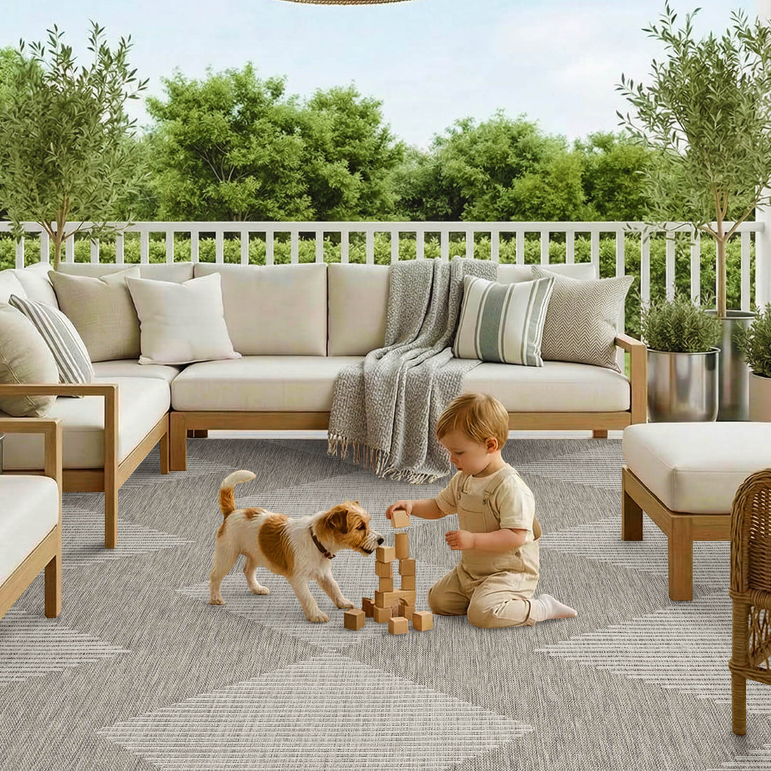 Versatile indoor outdoor rug suitable for deck patio or interior room spaces
