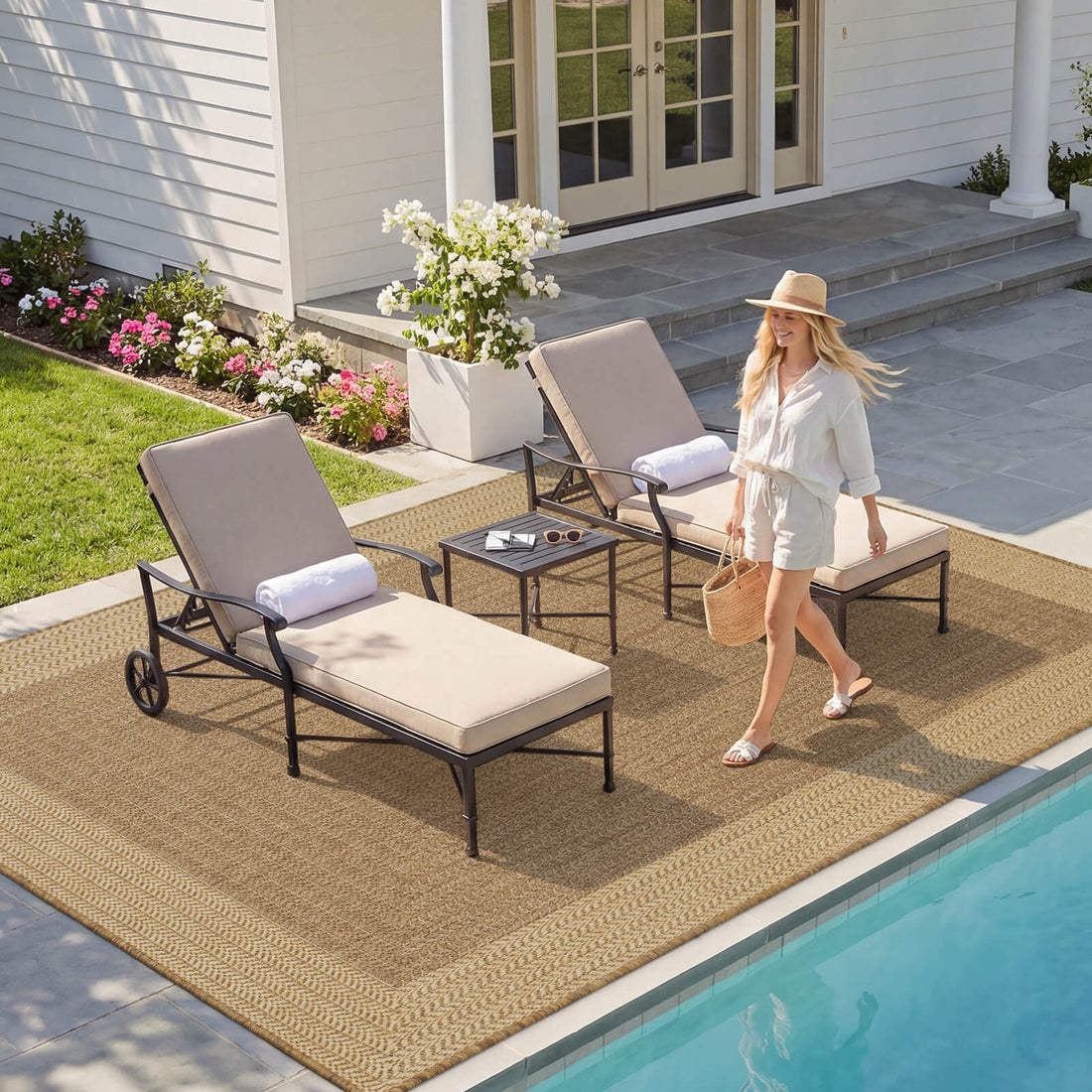 Indoor outdoor rug with textured surface for safe and comfortable use in busy environments