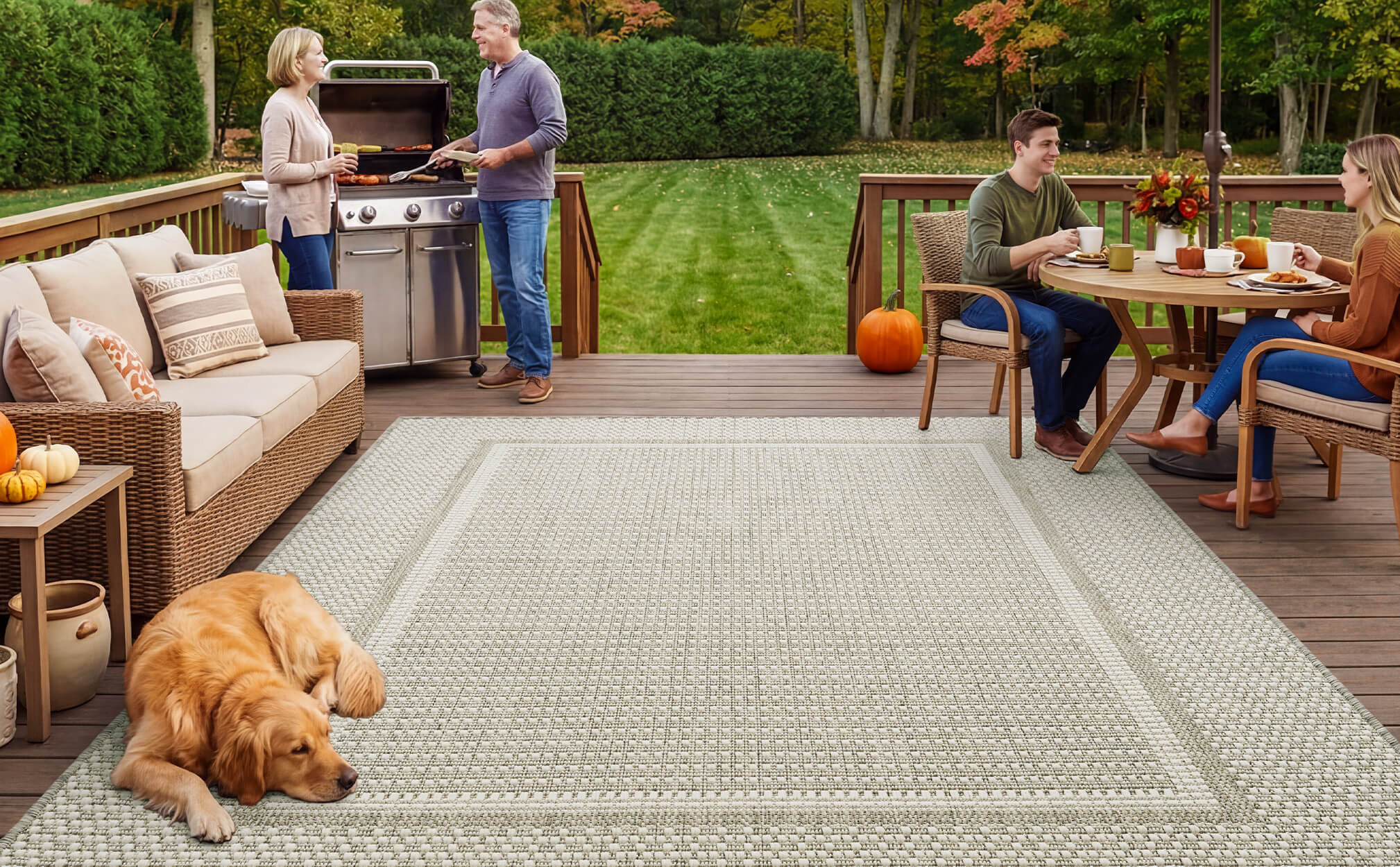 Soft indoor outdoor rug providing comfortable support in living areas patios and decks