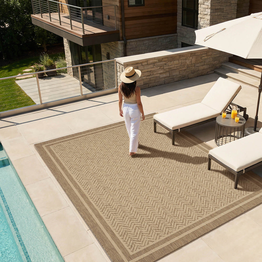 This versatile indoor outdoor rug works beautifully on a deck or sunroom, bringing comfort and easy-clean durability to busy everyday living.