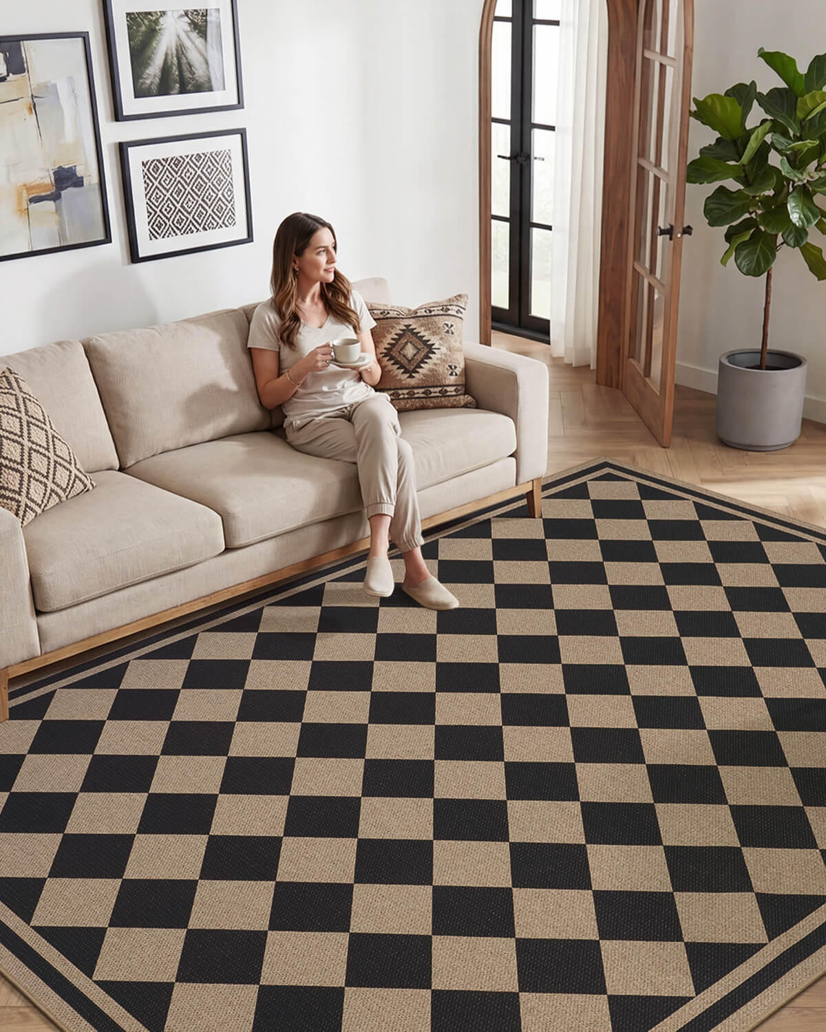 Durable indoor outdoor rug with woven faux jute finish and easy care construction