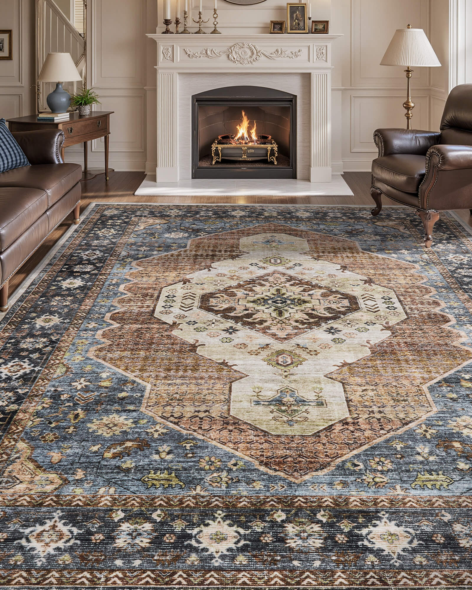 Lunelle Washable Area Rug -  Blue/Orange