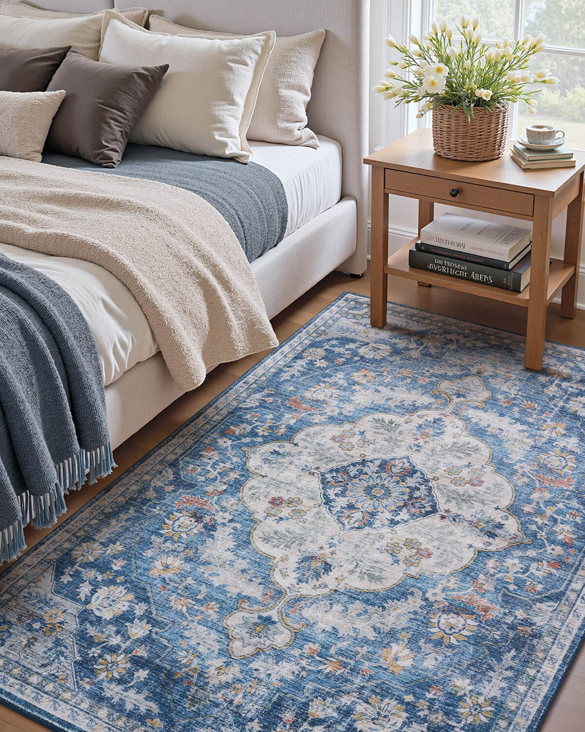Boho vintage area rug suitable for bedrooms and living rooms with daily activity