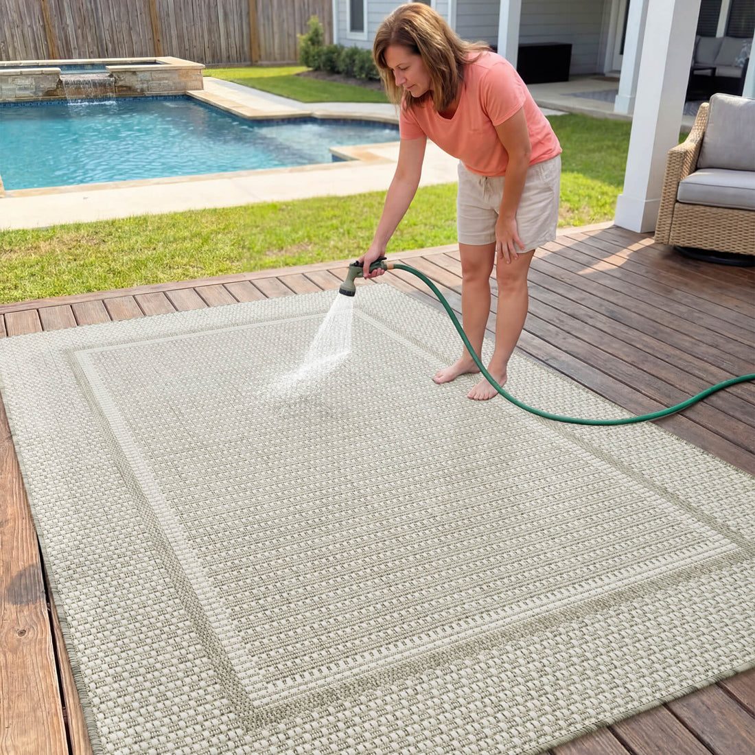 Durable indoor outdoor rug designed for patio balcony and indoor living spaces with easy care surface