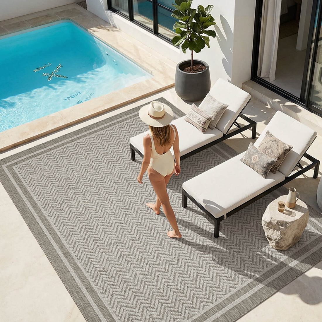 Low maintenance indoor outdoor rug suitable for porches patios and casual outdoor spaces
