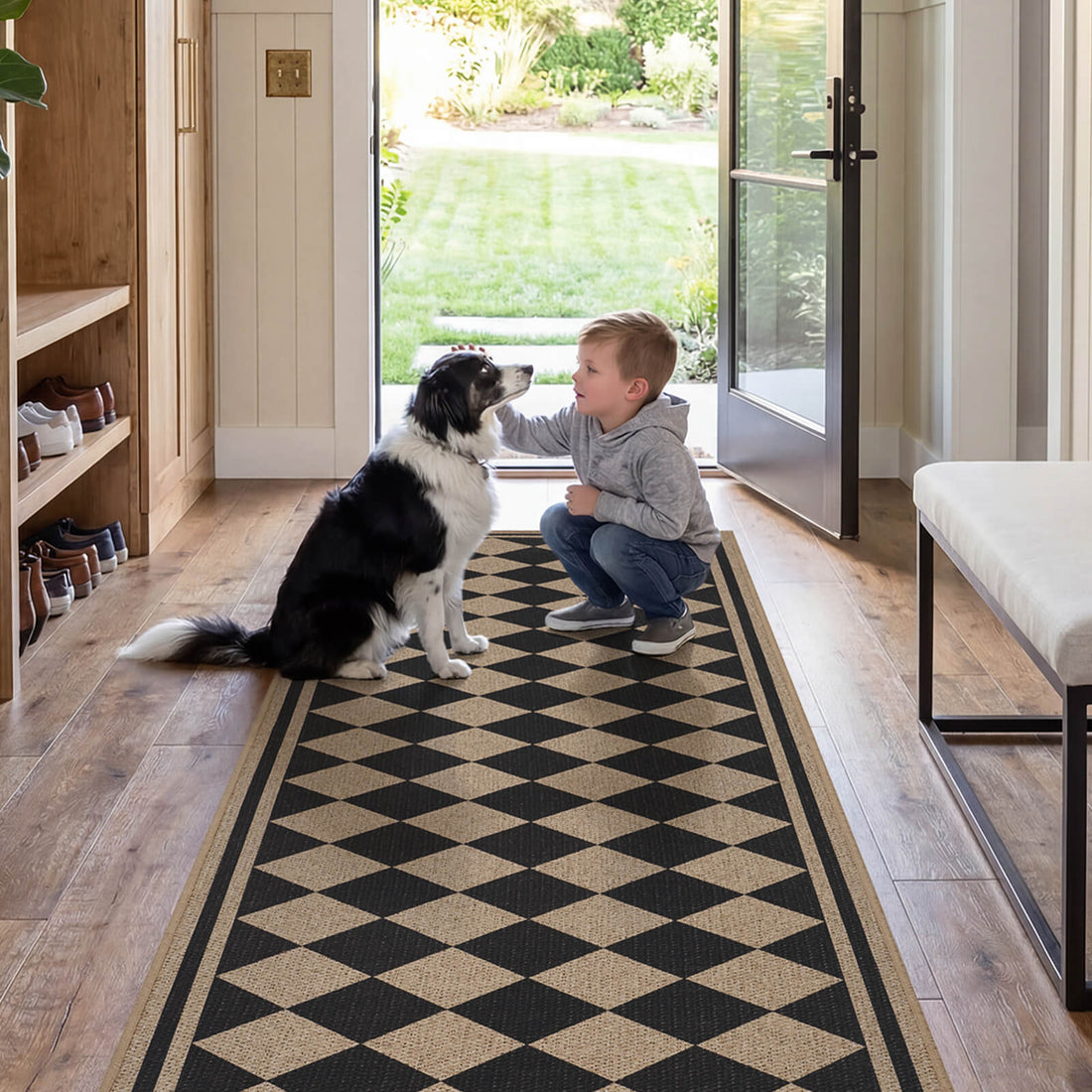 Indoor outdoor rug with geometric pattern creating a casual and relaxed home style
