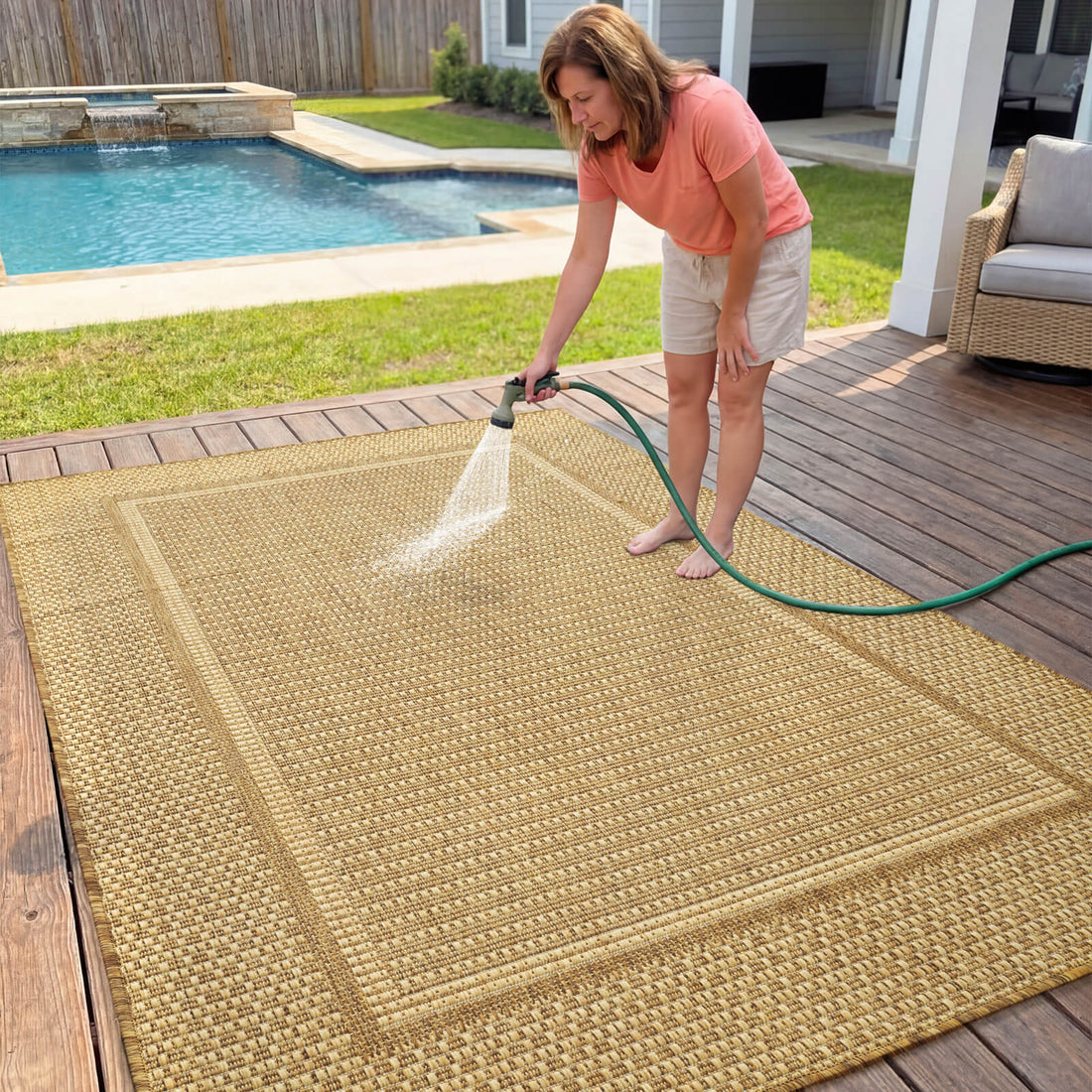 Textured indoor outdoor area rug designed for versatile home use indoors or outdoors