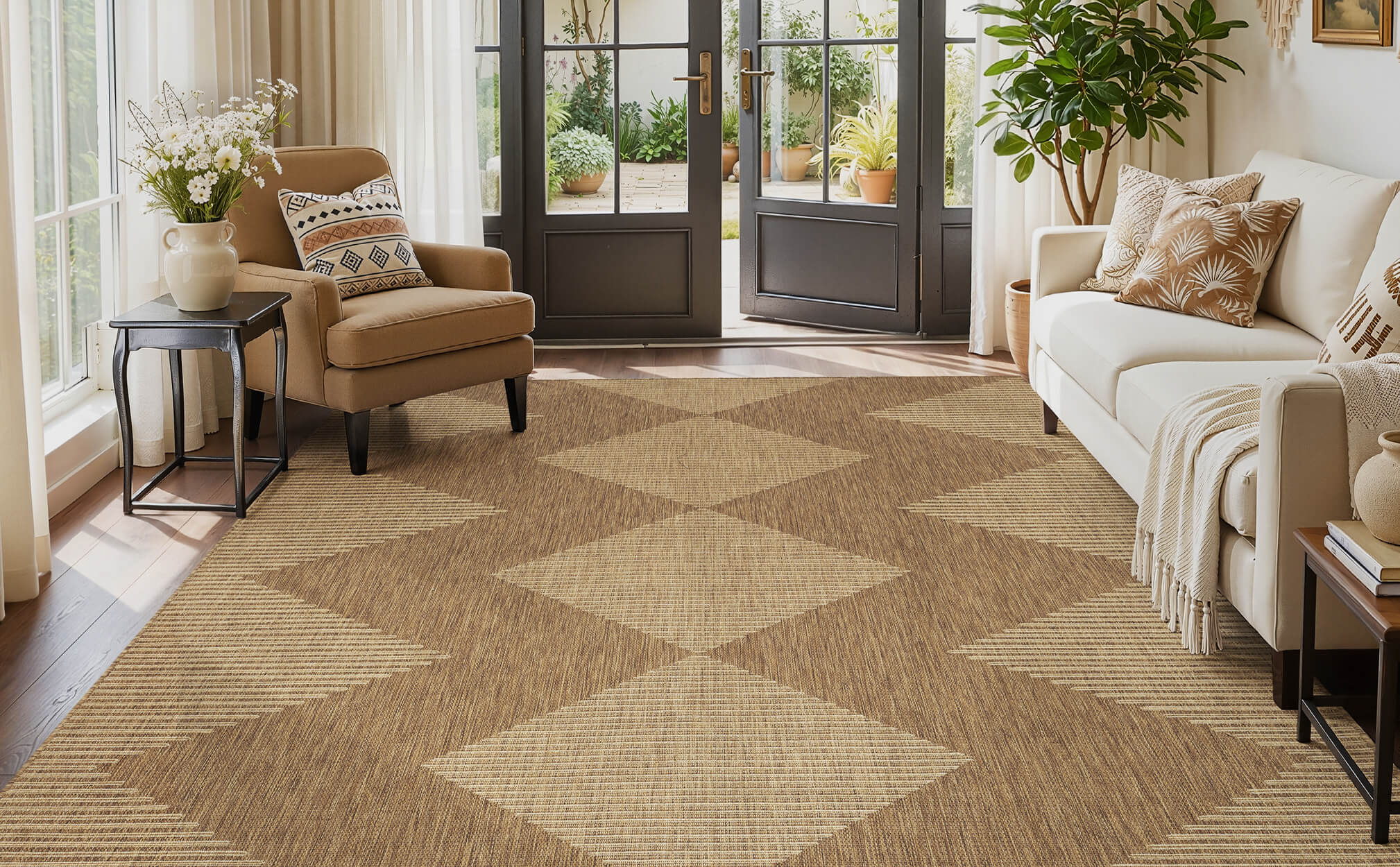 Washable indoor outdoor rug designed for pet and kid friendly homes