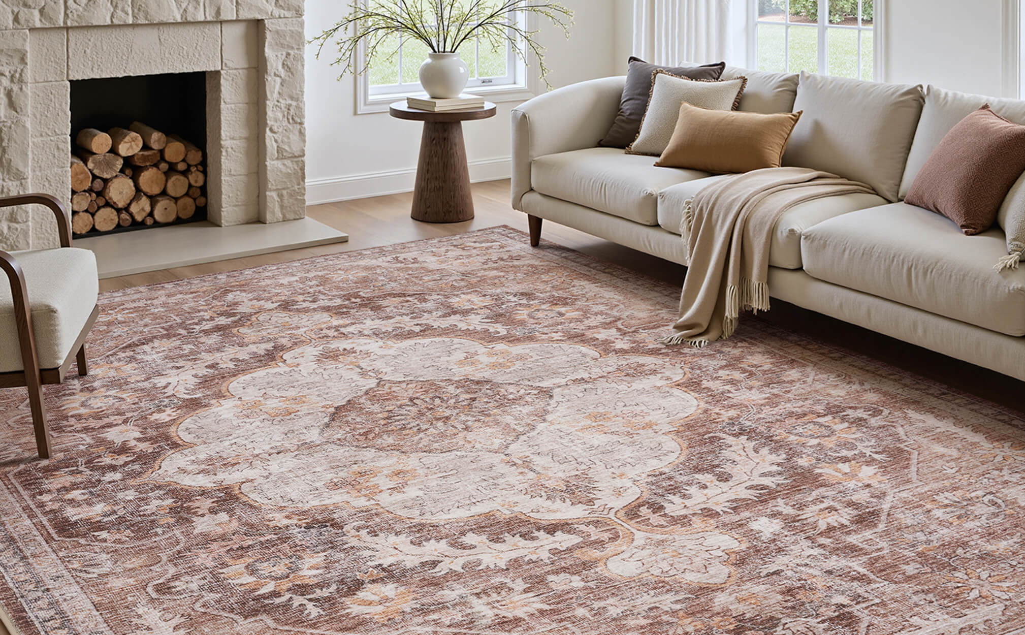 Boho inspired vintage area rug offering effortless maintenance and long-lasting comfort
