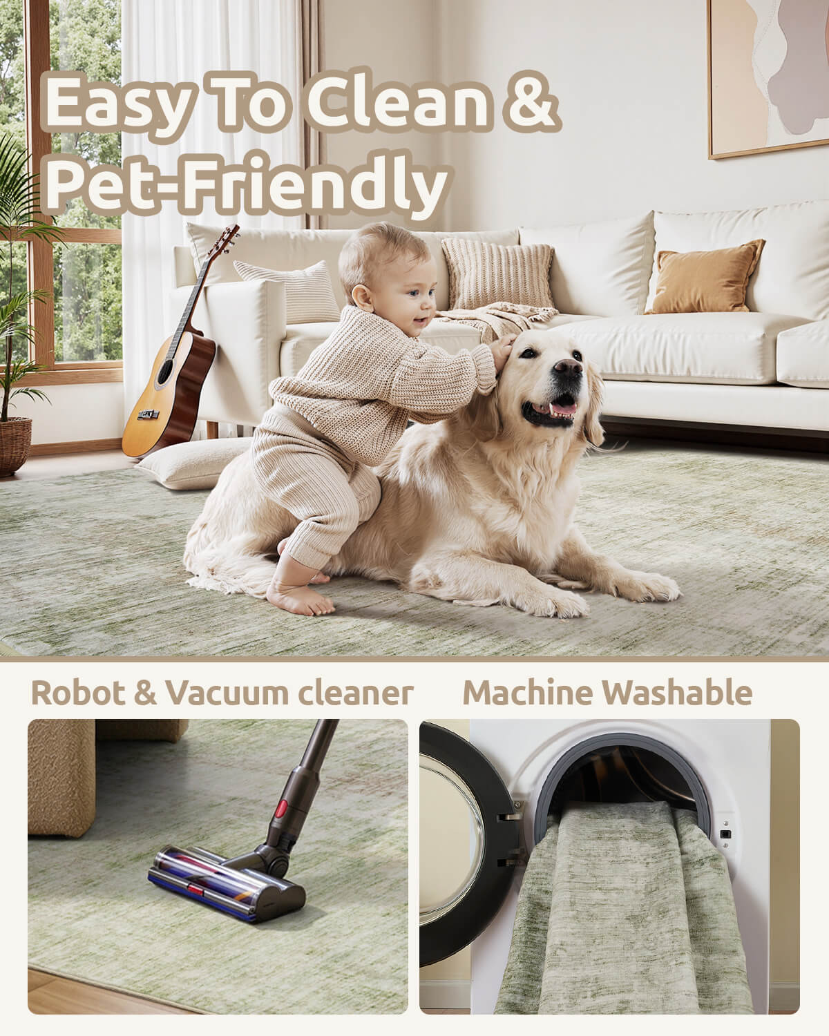 An easy-to-clean pet friendly green washable area rug offers a soft surface for kids and pets, with vacuum-friendly care and machine washable convenience for busy homes.