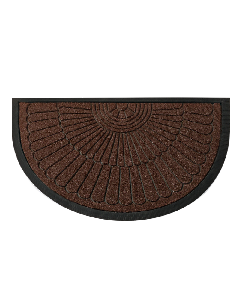 Washable half-round door mat for front entryway keeps dirt and mud outside.