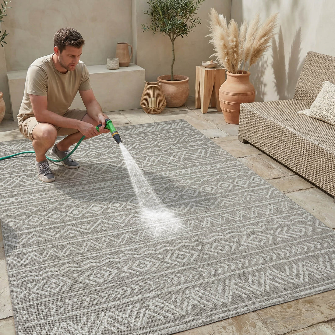 Versatile indoor outdoor rug featuring a quick dry surface soft feel and durable construction for everyday use
