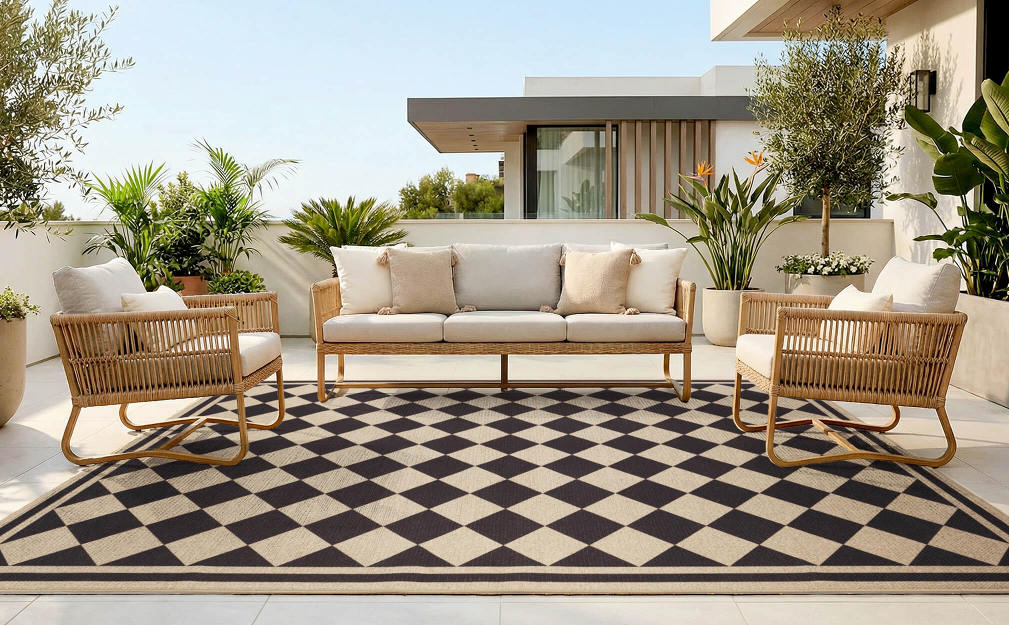 Indoor outdoor rug with natural woven texture and modern border detailing