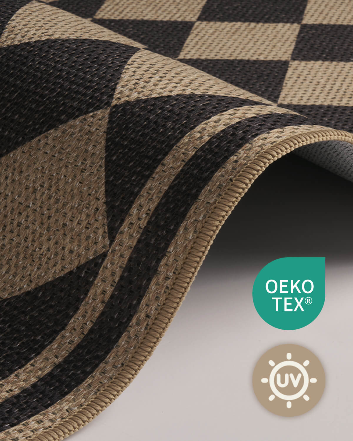 Indoor outdoor rug featuring a balanced geometric frame design for calm modern interior
