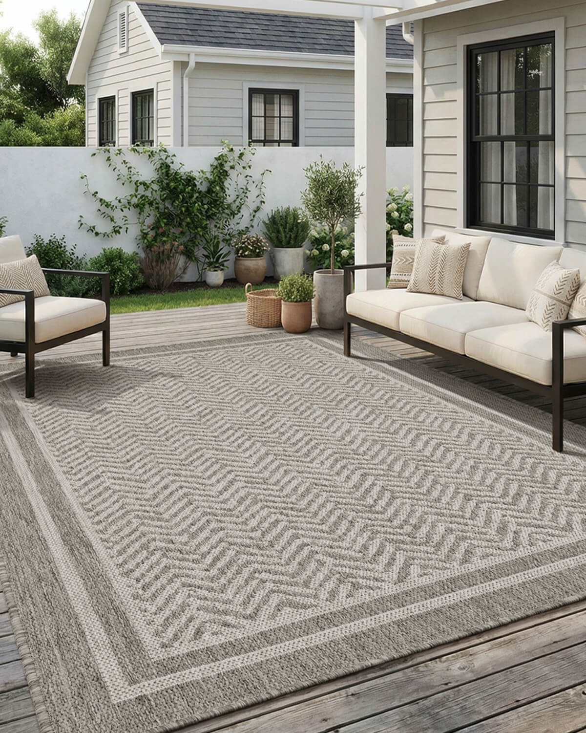Indoor outdoor rug with decorative border design for family patio and outdoor seating areas