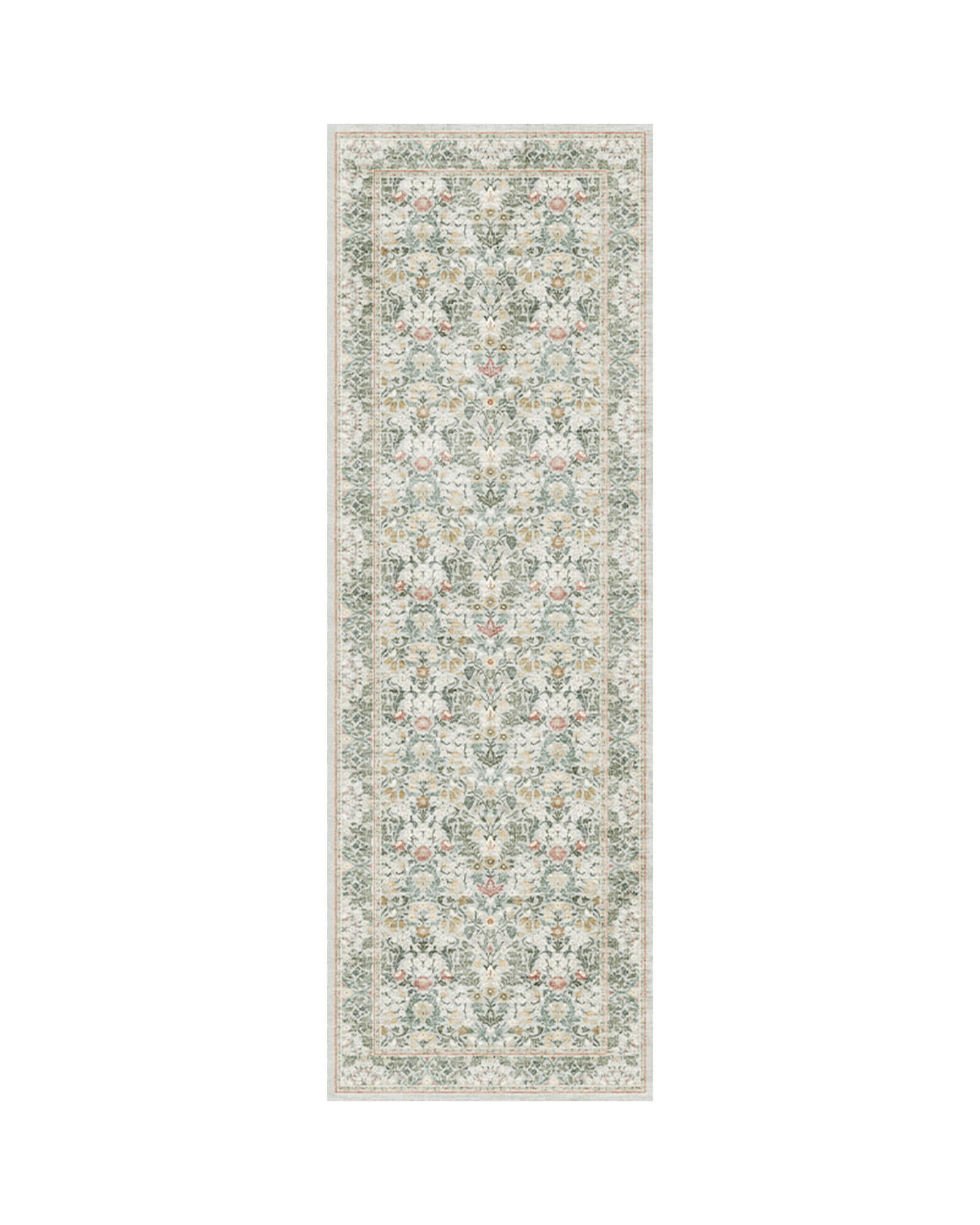 This vintage floral area rug creates a warm layered look in the family living room while offering a soft surface for everyday lounging.