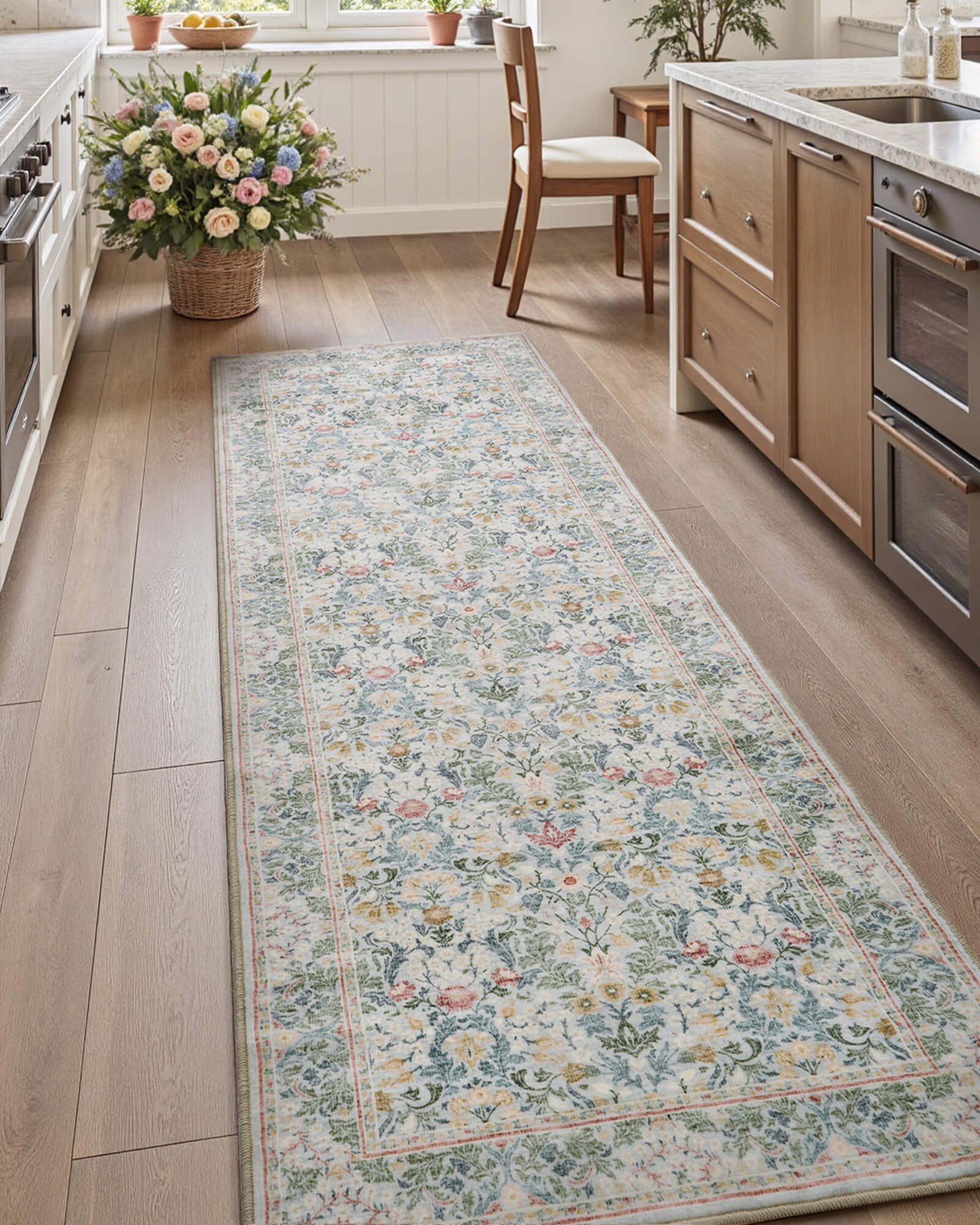 This boho floral rug works beautifully in a bedroom or nursery with a washable surface and non slip backing for daily comfort.