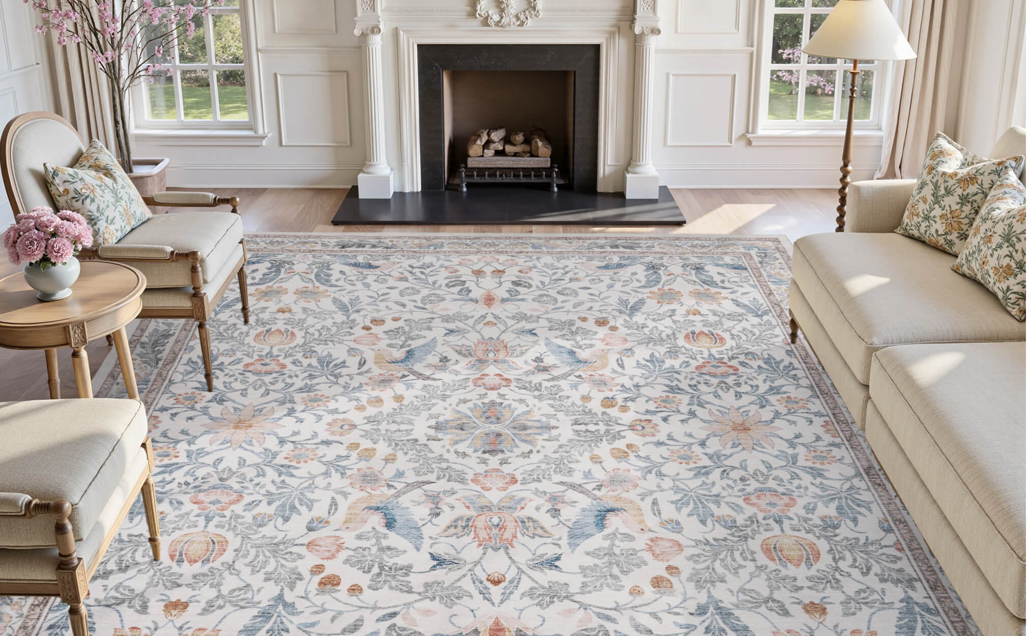 Floral area rug washable and soft for pet friendly living spaces
