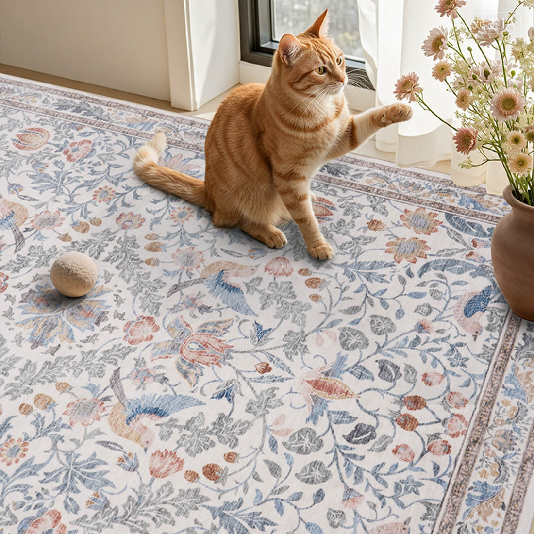 Floral rug designed with machine washable convenience for busy households