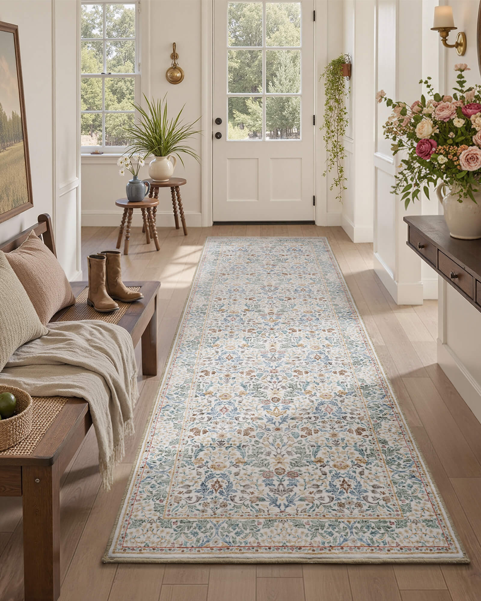 This floral rug is designed for real homes with kids and pets, featuring machine washable care and a comfortable everyday feel.