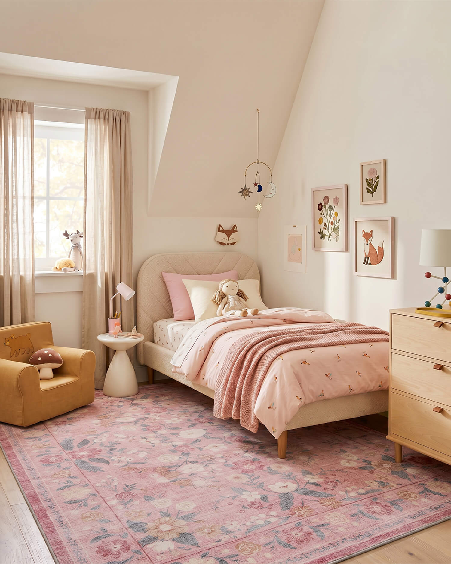 This floral area rug adds a soft and cozy touch to a kids bedroom with a washable surface and family-friendly comfort for everyday use.